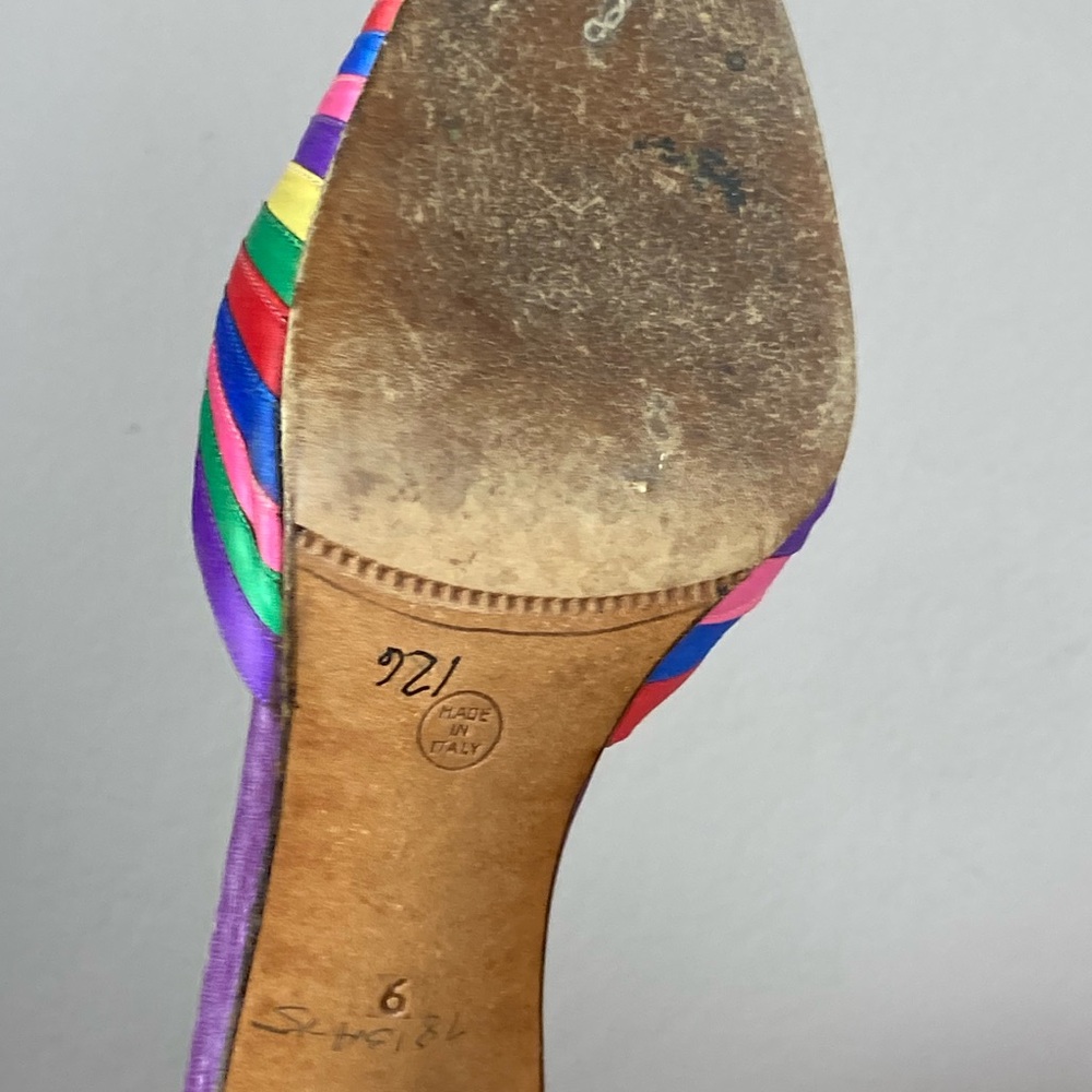Italian Satin Rainbow Stripe Pumps with Ribbon Ties - Colorful Heels - Size 6 - Picture 8 of 10